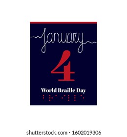 Calendar sheet, vector illustration on the theme of World Braille Day on January 4th. Decorated with a handwritten inscription - JANUARY and braille dots - BRAILLE.