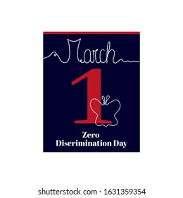 Calendar sheet, vector illustration on the theme of Zero Discrimination Day on March 1th. Decorated with a handwritten inscription  MARCH and stylized linear butterfly symbol Zero Discrimination Day.