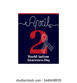 Calendar sheet, vector illustration on the theme of World Autism Awareness Day on April 2th. Decorated with a handwritten inscription  APRIL and stylized linear Ribbon, symbol of Autism Awareness.