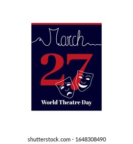 Calendar sheet, vector illustration on the theme of World Theatre Day on March 27. Decorated with a handwritten inscription  MARCH and stylized masks.