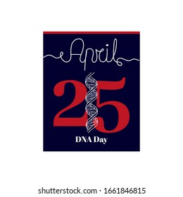 Calendar sheet, vector illustration on the theme of DNA Day on April 25. Decorated with a handwritten inscription - APRIL and stylized linear DNA strand.