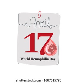 Calendar sheet, vector illustration on the theme of World Hemophilia Day. April 17. Decorated with a handwritten inscription - APRIL and stylized linear blood drop with with earth.