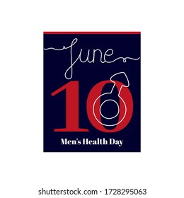 Calendar sheet, vector illustration on the theme of Men’s Health Week Day. June 10. Decorated with a handwritten inscription – JUNE and stylized linear Men’s symbole.