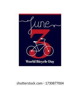 Calendar sheet, vector illustration on the theme of World Bicycle Day. June 3. Decorated with a handwritten inscription – JUNE and stylized linear Bicycle.