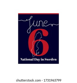 Calendar sheet, vector illustration on the theme of National Day in Sweden. June 6. Decorated with a handwritten inscription – JUNE and linear Sweden map.