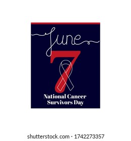 Calendar sheet, vector illustration on the theme of National Cancer Survivors Day on June 7. Decorated with a handwritten inscription - JUNE and stylized linear Ribbon for Cancer Awareness.