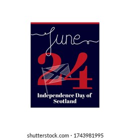 Calendar sheet, vector illustration on the theme of Independence Day of Scotland on June 24. Decorated with a handwritten inscription - JUNE and stylized linear flag of Scotland.