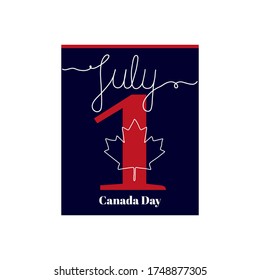 Calendar sheet, vector illustration on the theme of Canada Day on June 1. Decorated with a handwritten inscription - JULY and linear maple leaf - a symbol of Canada.