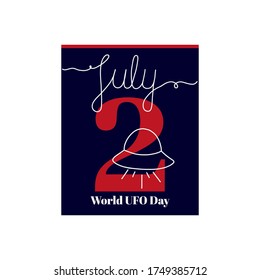 Calendar sheet, vector illustration on the theme of World UFO Day on June 2. Decorated with a handwritten inscription - JULY and linear flying saucer.