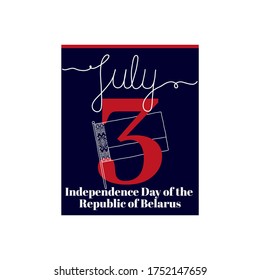 Hoja de calendario, ilustración vectorial sobre el tema del Día de la Independencia de la República de Bielorrusia el 3 de junio. Decorada con una inscripción manuscrita - JULY y bandera lineal de Bielorrusia.