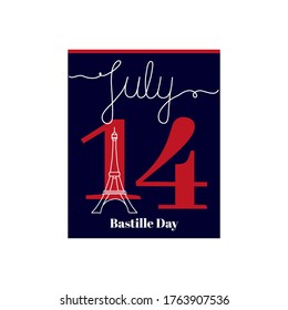 Calendar sheet, vector illustration on the theme of Bastille Day on July 14. Decorated with a handwritten inscription JULY and outline Eiffel Tower.