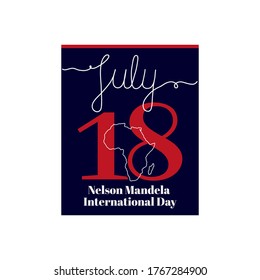 Kalenderblatt, Vektorgrafik zum Thema des Nelson Mandela International Day am 18. Juli. Dekoriert mit einer handgeschriebenen Inschrift JULY und Skizze Africa Map.