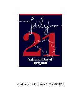 Kalenderblatt, Vektorgrafik zum Thema des Nationalfeiertags von Belgien am 21. Juli. Dekoriert mit einer handgeschriebenen Inschrift JULY und umreißen belgische Karte.