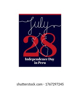 Calendar sheet, vector illustration on the theme of Independence Day in Peru on July 28. Decorated with a handwritten inscription JULY and outline Peru map.
