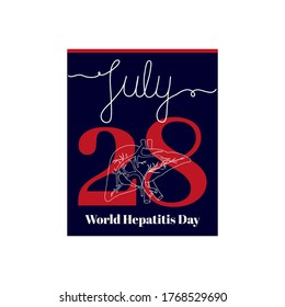 Calendar sheet, vector illustration on the theme of World Hepatitis Day on July 28. Decorated with a handwritten inscription JULY and outline liver.