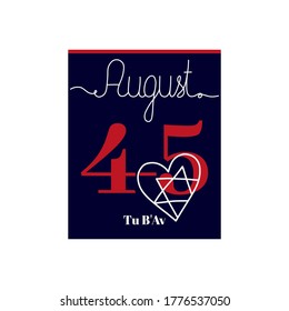 Calendar sheet, vector illustration on the theme of Tu B'Av on August 4-5. Decorated with a handwritten inscription AUGUST and outline symbol.