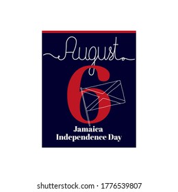 Calendar sheet, vector illustration on the theme of Jamaica Independence Day on August 6. Decorated with a handwritten inscription AUGUST and outline Jamaica flag.