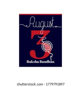 Kalenderblatt, Vektorgrafik zum Thema Raksha Bandhan 3. August. Dekoriert mit einer handschriftlichen Inschrift AUGUST und Umriss Armband.