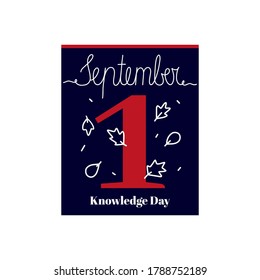 Calendar sheet, vector illustration on the theme of Knowledge Day on September 1. Decorated with a handwritten inscription SEPTEMBER and outline autumn leaves.