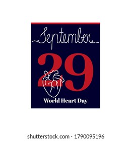 Calendar sheet, vector illustration on the theme of World Heart Day on September 29. Decorated with a handwritten inscription SEPTEMBER and outline Heart.
