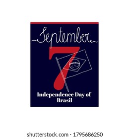 Calendar sheet, vector illustration on the theme of Independence Day of Brasil on September 7. Decorated with a handwritten inscription SEPTEMBER and outline Brasil flag.