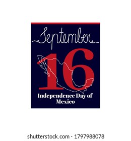 Calendar sheet, vector illustration on the theme of Independence Day of Mexico on September 16. Decorated with a handwritten inscription SEPTEMBER and outline Mexico map.