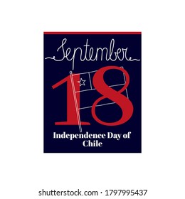 Hoja de calendario, ilustración vectorial sobre el tema del Día de la Independencia de Chile el 18 de setiembre. Decorada con una inscripción manuscrita SEPTIEMBRE y delineando la bandera de Chile.