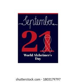 Calendar sheet, vector illustration on the theme of World Alzheimer's Day on September 21. Decorated with a outline Ribbon for Lymphoma Awareness symbol.
