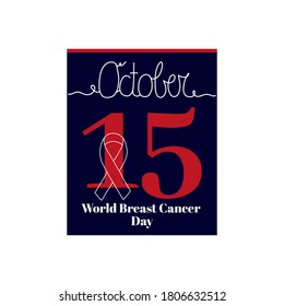 Calendar sheet, vector illustration on the theme of World Breast Cancer Day on October 15. Decorated with a handwritten inscription OCTOBER music notes.
Decorated with a outline Ribbon.