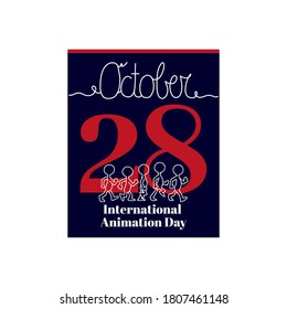 Calendar sheet, vector illustration on the theme of International Animation Day on October 28. Decorated with a handwritten inscription OCTOBER animation scene.