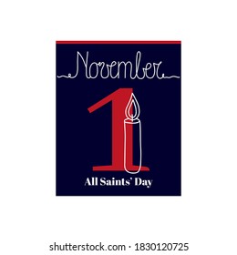 Calendar sheet, vector illustration on the theme of All Saints’ Day on November 1. Decorated with a handwritten inscription NOVEMBER and outline candle.