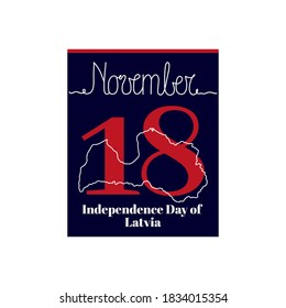 Hoja de calendario, ilustración vectorial sobre el tema del Día de la Independencia de Letonia el 18 de noviembre. Decorada con una inscripción manuscrita en NOVIEMBRE y esquema del mapa de Letonia.