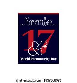 Calendar sheet, vector illustration on the theme of World Prematurity Day Day on November 17. Decorated with a handwritten inscription NOVEMBER and outline soother.