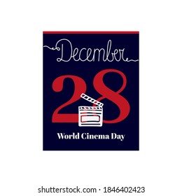 Calendar sheet, vector illustration on the theme of World Cinema Day on December 28. Decorated with a handwritten inscription DECEMBER and clapper board.