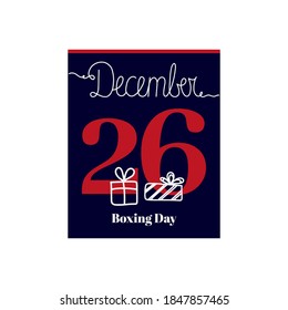 Kalenderblatt, Vektorgrafik zum Thema Boxtag am 26. Dezember. Dekoriert mit einer handschriftlichen Inschrift DEZEMBER und Geschenken.