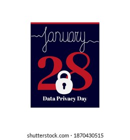 Hoja de calendario, ilustración vectorial sobre el tema del Día de la Privacidad de Datos el 28 de enero. Decorada con una inscripción manuscrita ENERO e ilustración de bloqueo.