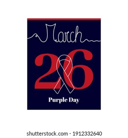 Kalenderblatt, Vektorgrafik zum Thema des violetten Tages am 26. März. Dekoriert mit einer handgeschriebenen Inschrift MÄRZ und stilisiertem linearen Band für Epilepsie Day Awarene.