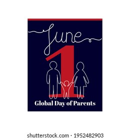 Calendar sheet, vector illustration on the theme of Global Day of Parents. June 1. Decorated with a handwritten inscription - JUNE and stylized linear family silhouette.
