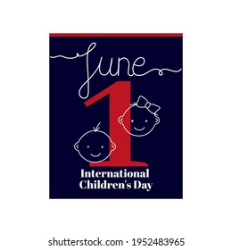 Calendar sheet, vector illustration on the theme of International Children's Day. June 1. Decorated with a handwritten inscription - JUNE and stylized linear Children's faces.