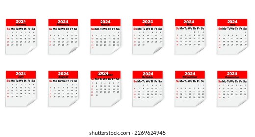 Calendar sheets 2024. Different months of the calendar. Red sheets of the calendar. Vector illustration.