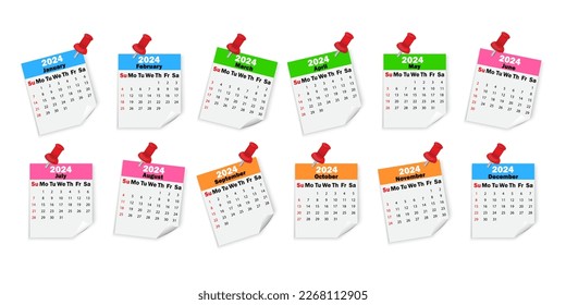 Calendar sheets 2024 on pins. Different months of the calendar. Multi-colored calendar sheets. Vector illustration.