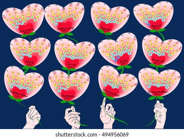 calendar sheets in the form of heart on a blue background