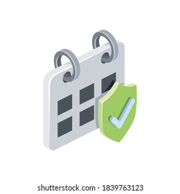 Calendar shield. Vector 3d isometric, color web icons set, new flat style. Creative illustration, idea for infographics.