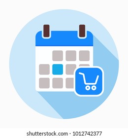 Calendar with shopping cart icon vector, filled flat sign, solid pictogram isolated on white. Shopping day calendar schedule symbol, logo illustration
