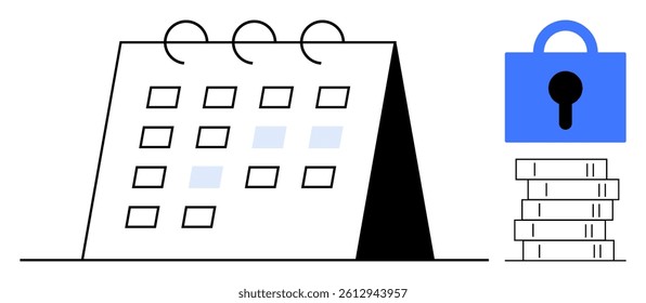 A calendar is shown next to a blue lock icon and a stack of books. Ideal for time management, cybersecurity, education, organization, and data protection themes. Simple, modern, minimalist style