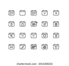 Calendar Sign Black Thin Line Icon Set Include of Reminder and Schedule. Vector illustration of Icons