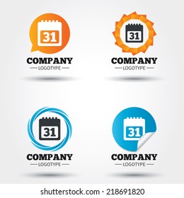 Calendar sign icon. 31 day month symbol. Date button. Business abstract circle logos. Icon in speech bubble, wreath. Vector