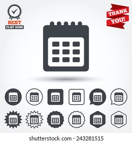 Calendar sign icon. Date or event reminder symbol. Circle, star, speech bubble and square buttons. Award medal with check mark. Thank you ribbon. Vector
