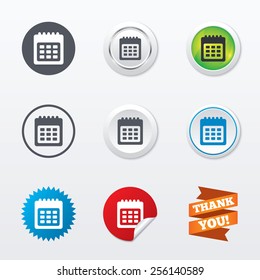 Calendar sign icon. Date or event reminder symbol. Circle concept buttons. Metal edging. Star and label sticker. Vector