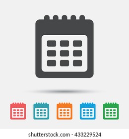 Calendar sign icon. Date or event reminder symbol. Graphic element on white background. Colour clean flat calendar icons. Vector